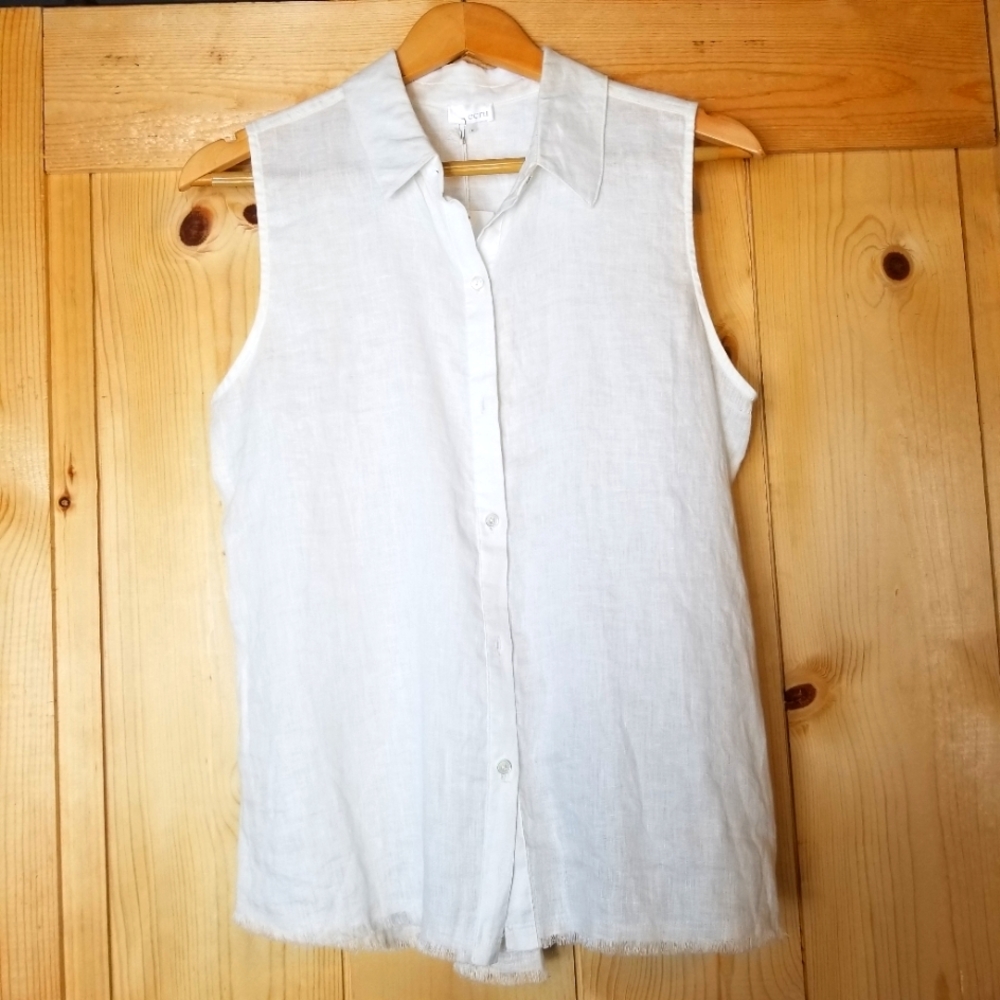 Ecru Foster Linen Fringe Raw Hem Sleeveless Collared Button Down Shirt NWT